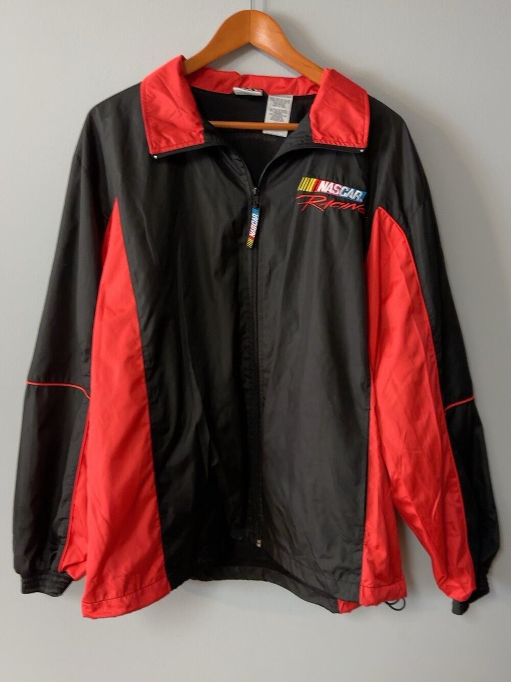 NASCAR Racing Jacket Mens L Black Red Checkered Flag Sports Windbreaker Y2K